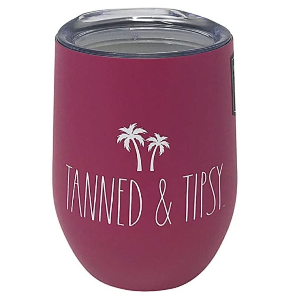 Rae Dunn Insulated Stainless Steel Wine Glass 12 oz., "Tanned & Tipsy" - Magenta